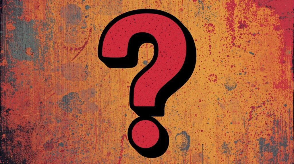 Bold red question mark on textured, colorful background conveying mystery and curiosity.