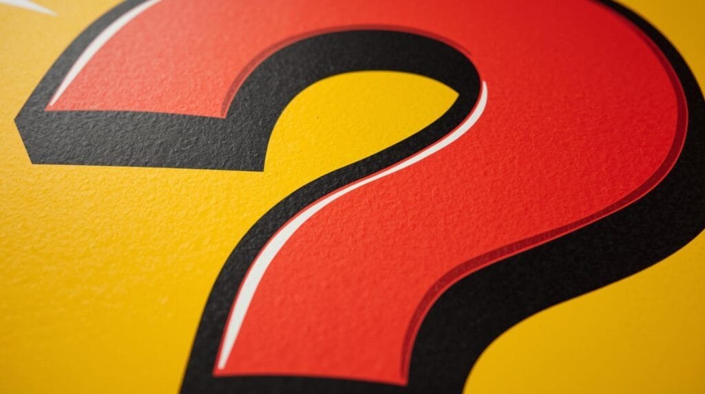Red question mark with black border on textured yellow background, evoking curiosity and intrigue.