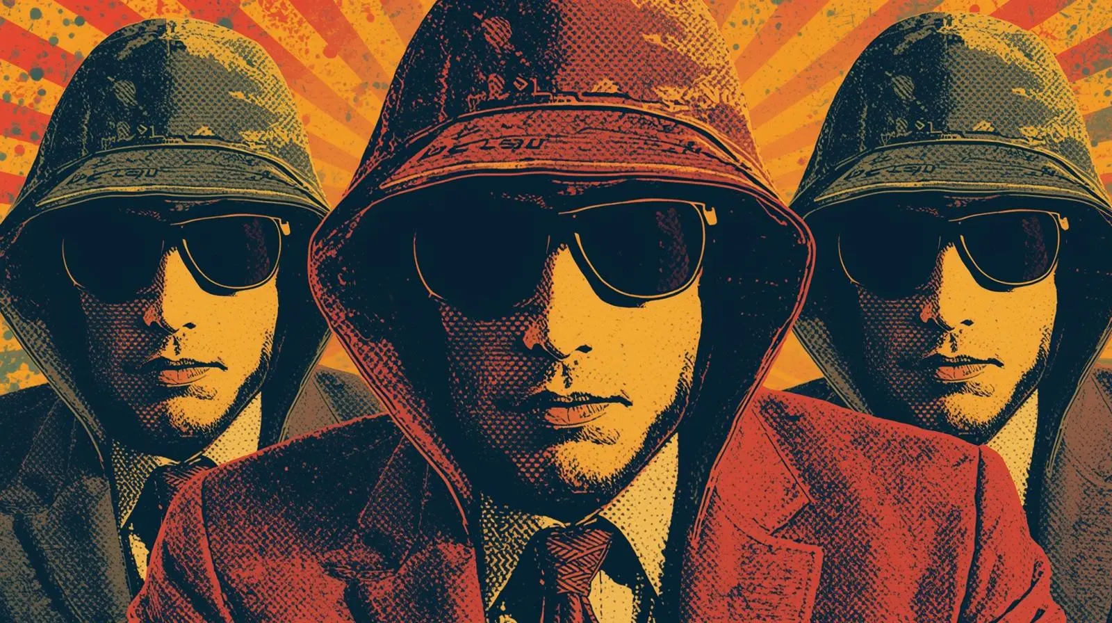 Pop art figures in suits with sunglasses, vibrant colors, and comic book style.