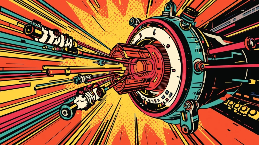 Futuristic engine illustration with vibrant colors and comic book style.