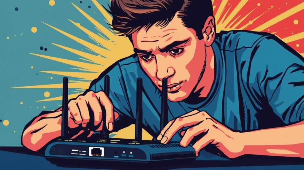 NordVPN Router Setup: 7 Easy Bulletproof Steps for Security 🛡️👻 6 Man adjusting router, focusing intensely; comic-style illustration with vibrant colors.