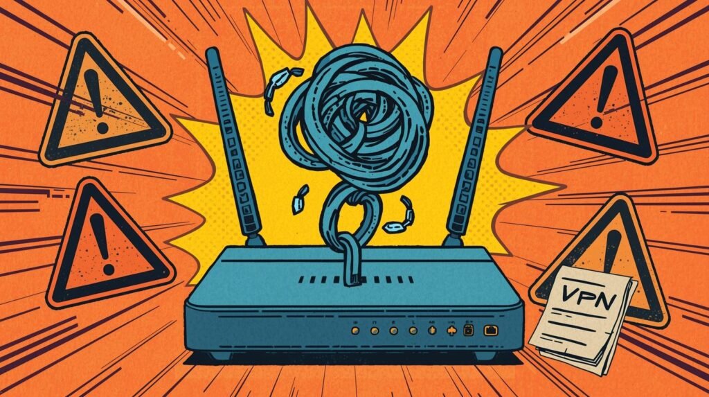 NordVPN OpenWrt lab setup: How I Run It Without Leaks, Drama, or Guesswork 🧪 5 Network issues illustration: tangled cables, caution signs, router, and VPN document. Cybersecurity challenges.