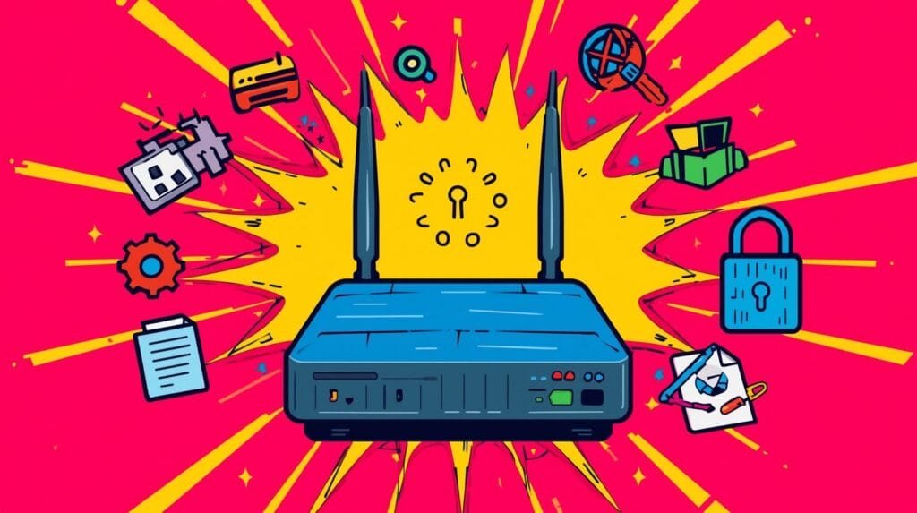 Illustration of a wireless router with technology icons, highlighting connectivity and internet themes.