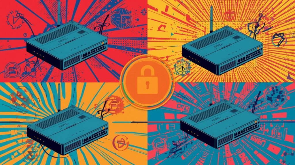 Pop-art illustration of wireless routers emphasizing connectivity, energy, and security.