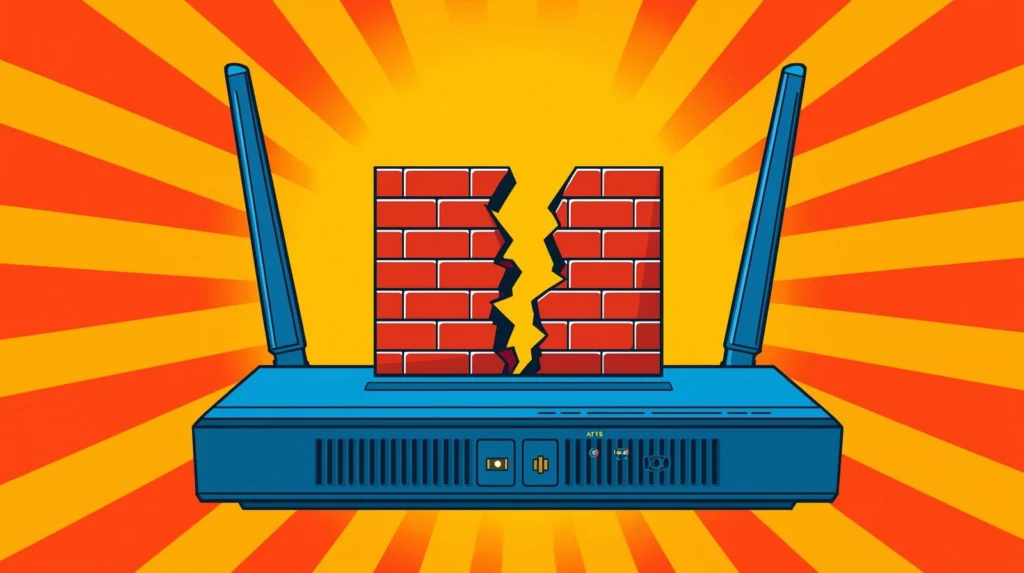 Stylized router with cracked firewall, representing cybersecurity vulnerabilities.
