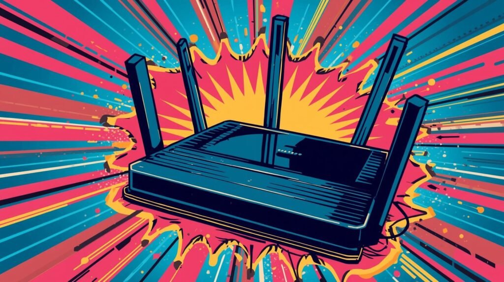 Comic-style Wi-Fi router illustration showcasing dynamic signal strength and connectivity speed.