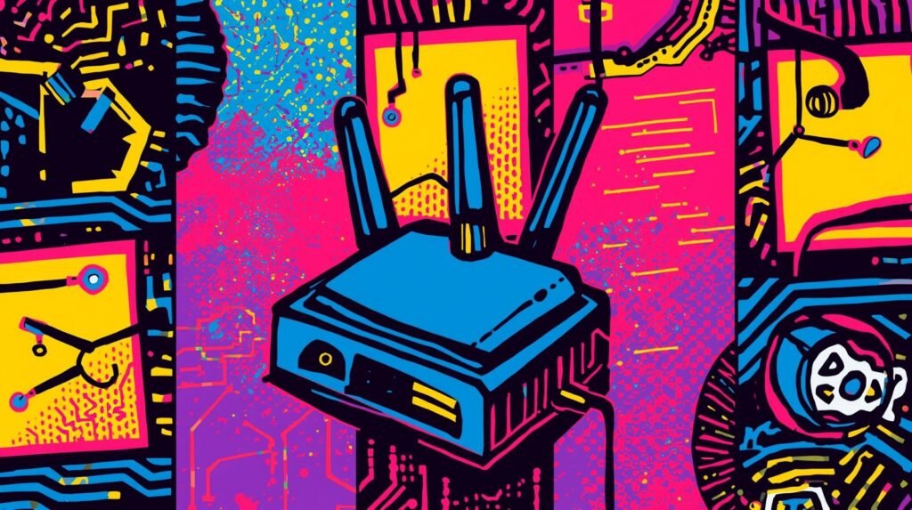 Futuristic digital artwork featuring a stylized Wi-Fi router with a vibrant cyberpunk aesthetic.
