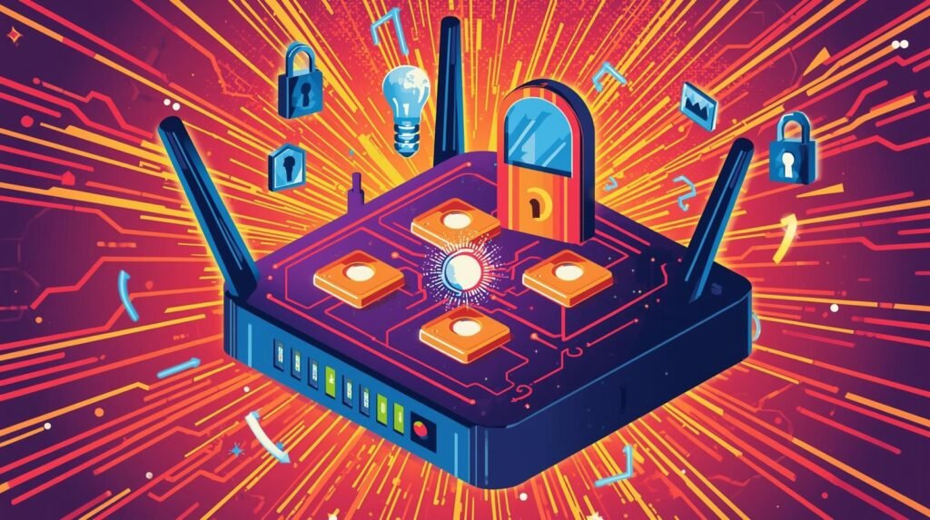 Stylized wireless router illustration showcasing connectivity, data flow, and cybersecurity themes.