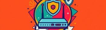 Stylized router with antennas, security shields, and colorful geometric shapes on an orange background.