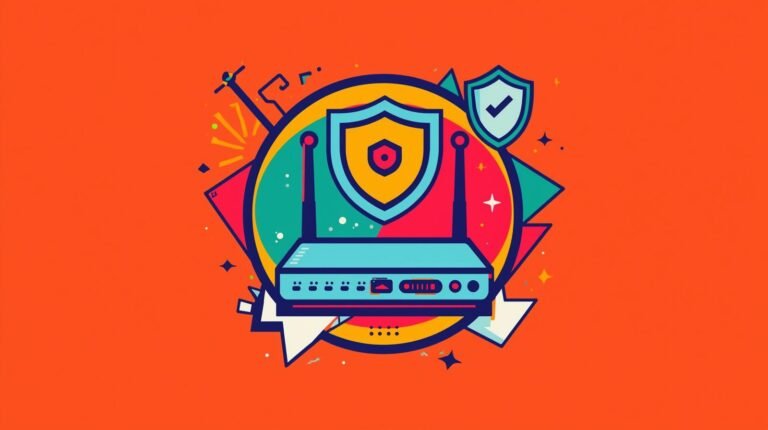Stylized router with antennas, security shields, and colorful geometric shapes on an orange background.
