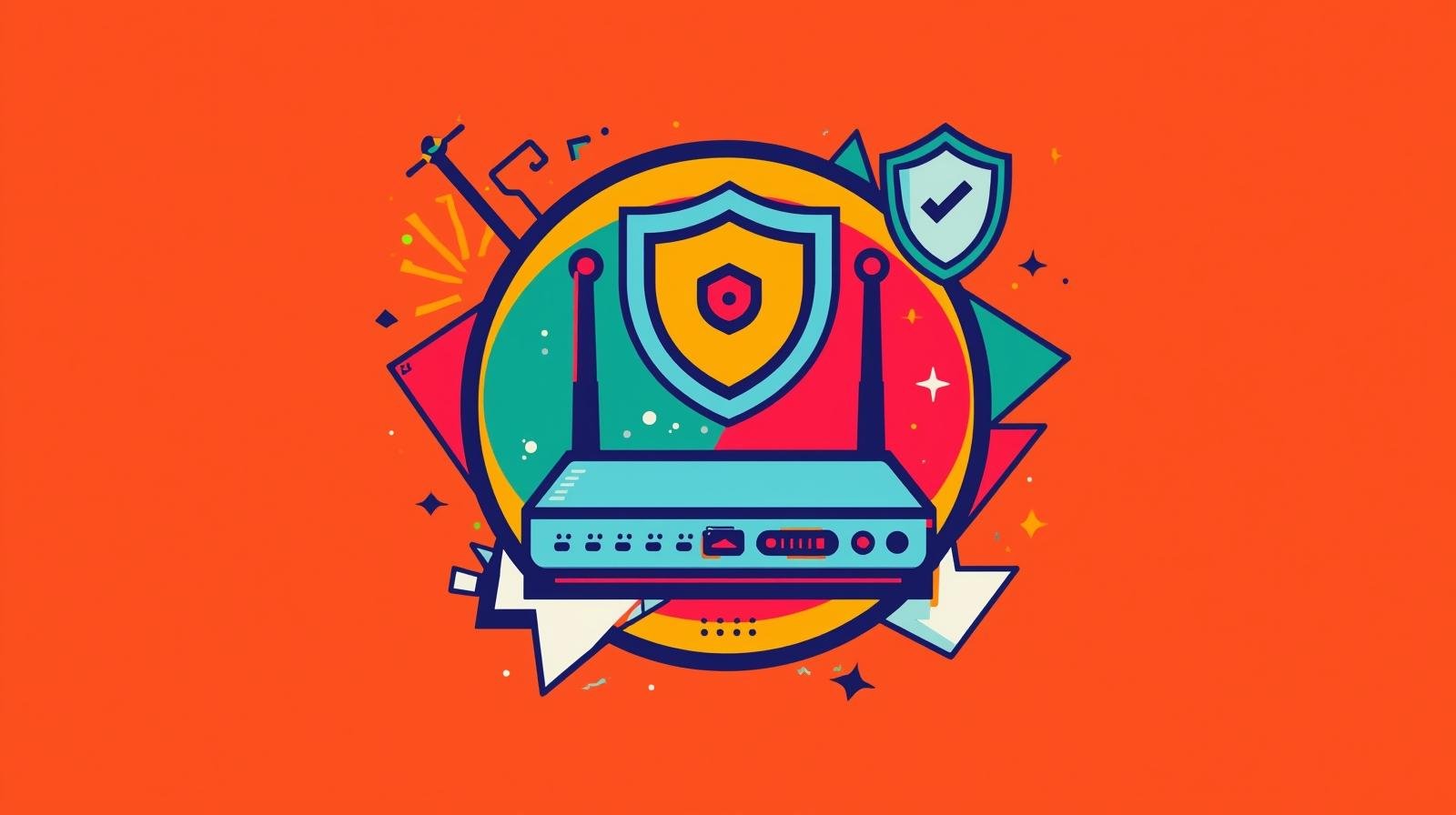 Stylized router with antennas, security shields, and colorful geometric shapes on an orange background.