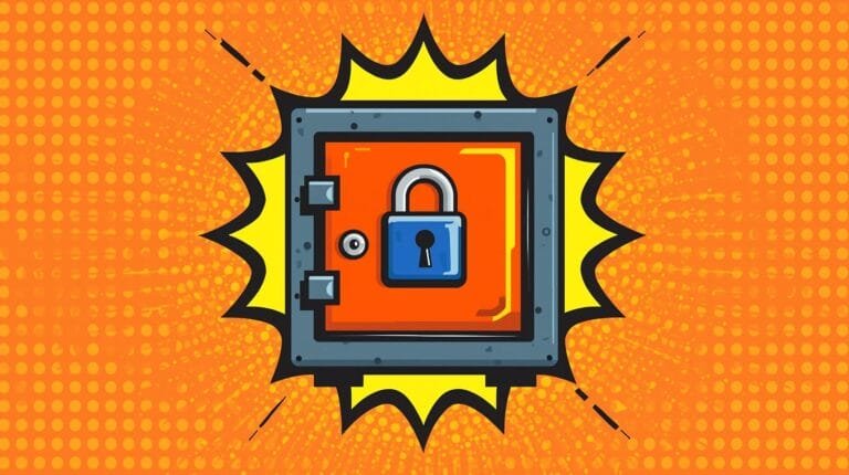 Password Manager OPSEC: How I Use NordPass in Ethical Hacking Labs 🧠 10 Comic-style safe illustration with blue padlock and pop art burst for security theme.