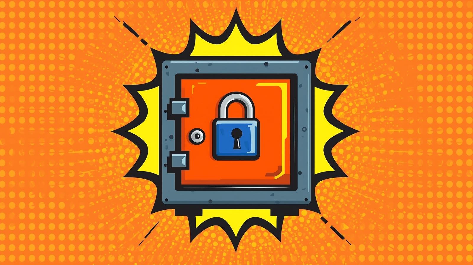 Comic-style safe illustration with blue padlock and pop art burst for security theme.