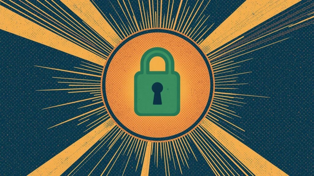 NordPass Review: A Proven Password Manager for Real-World Security 🔐 6 Stylized security design featuring a green padlock with dynamic rays on an orange circle.