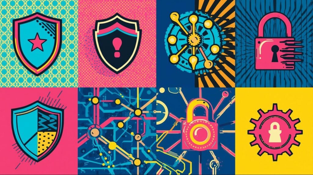 Context Switching Breaks OPSEC: Why Humans Leak Security 🧠 6 Colorful tech collage depicting cybersecurity themes: shields, padlocks, networks, and data protection.