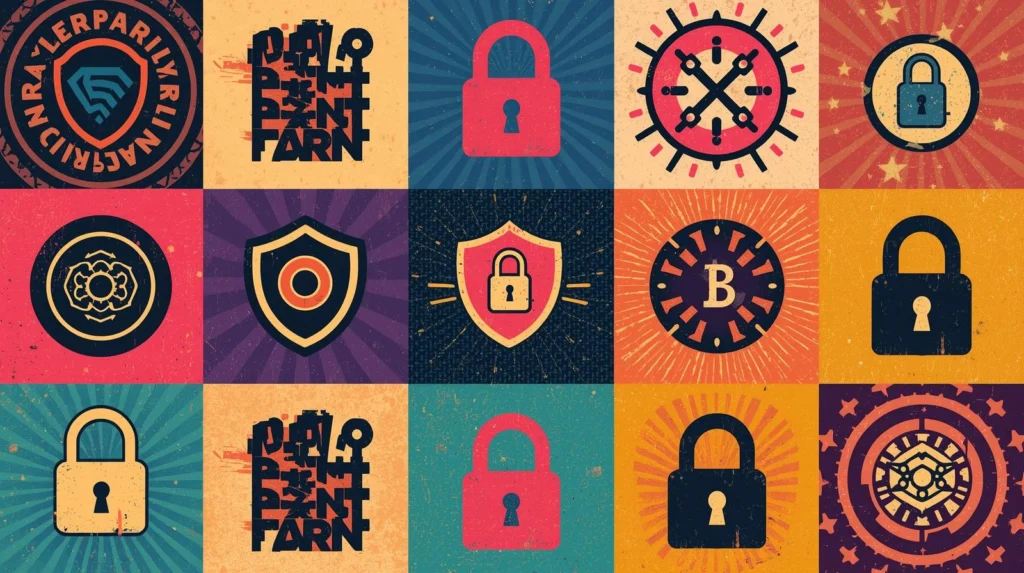 Security encryption collage featuring locks, shields, crypto symbols, and network protection motifs.