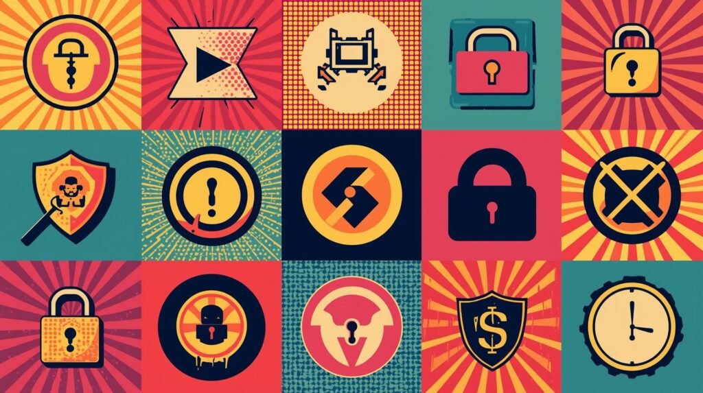 Cybersecurity technology icons collage with symbols like padlocks, shields, and malware.