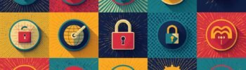 Vibrant security icons grid featuring shields, padlocks, and global protection themes.