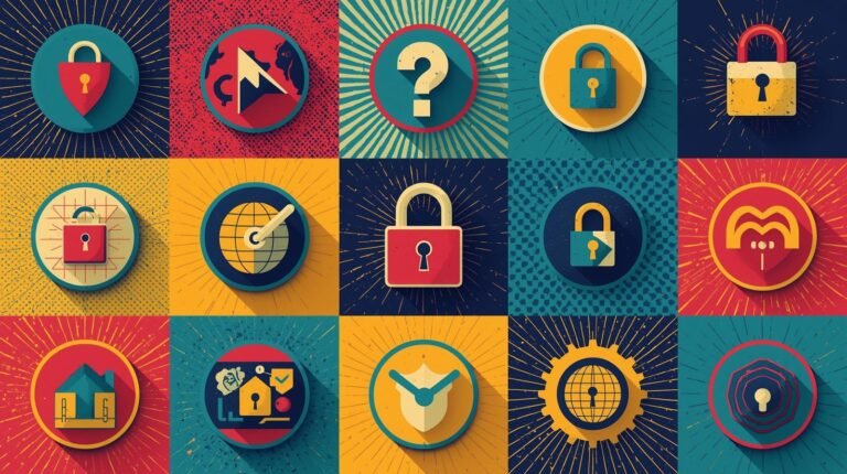 Vibrant security icons grid featuring shields, padlocks, and global protection themes.