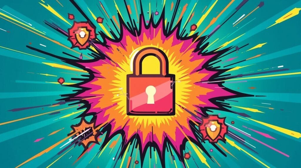 Comic-style padlock symbolizing dynamic cybersecurity with vibrant colors and shield icons.
