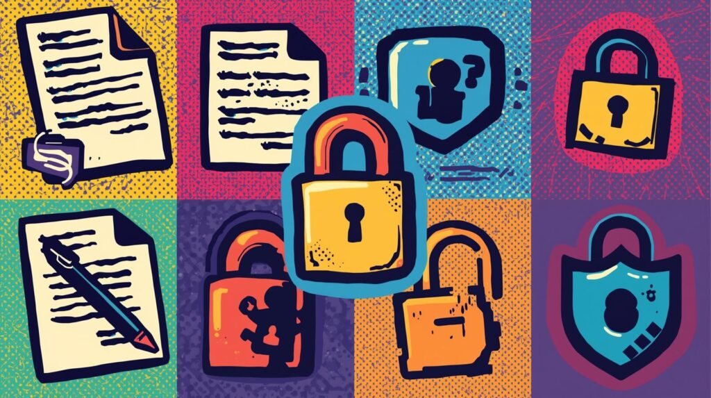 Pop-art grid with security icons: locks, documents, shields, highlighting privacy and protection.