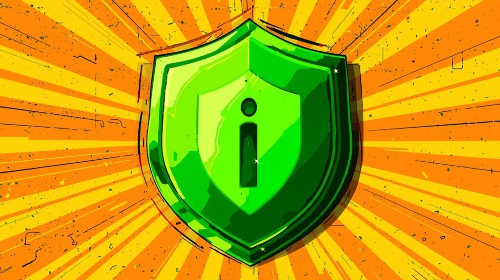 Vibrant green shield with i symbol; protection, security, information theme.