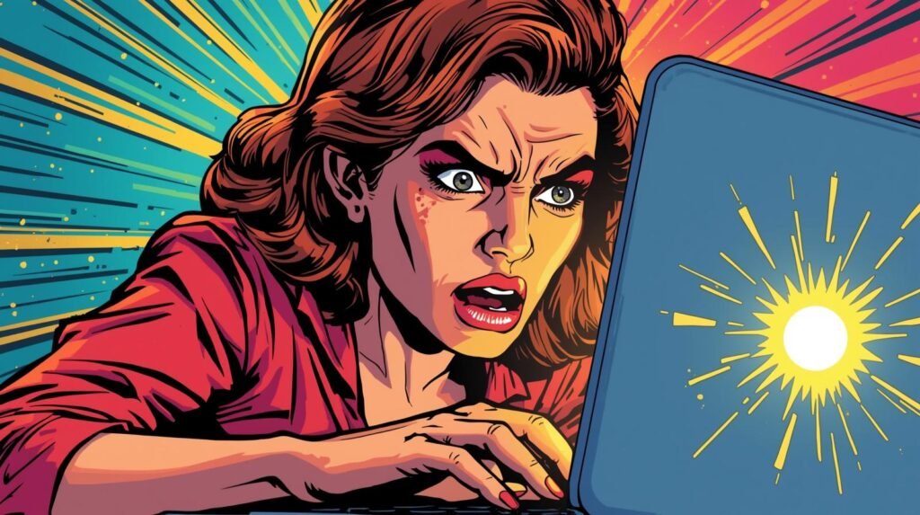 Shocked woman in pop art style looking at laptop with explosion on screen.