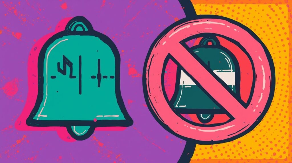 Vibrant bells contrasting sound and silence, with dynamic colors and prohibition symbol.