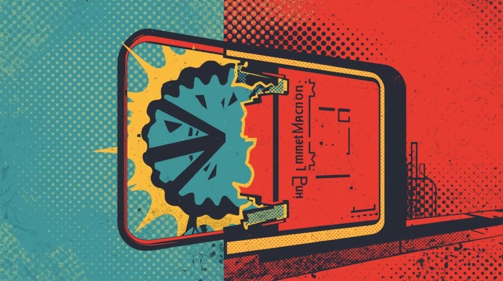 Pop art with teal and red halves, explosion, frame, and gear elements.