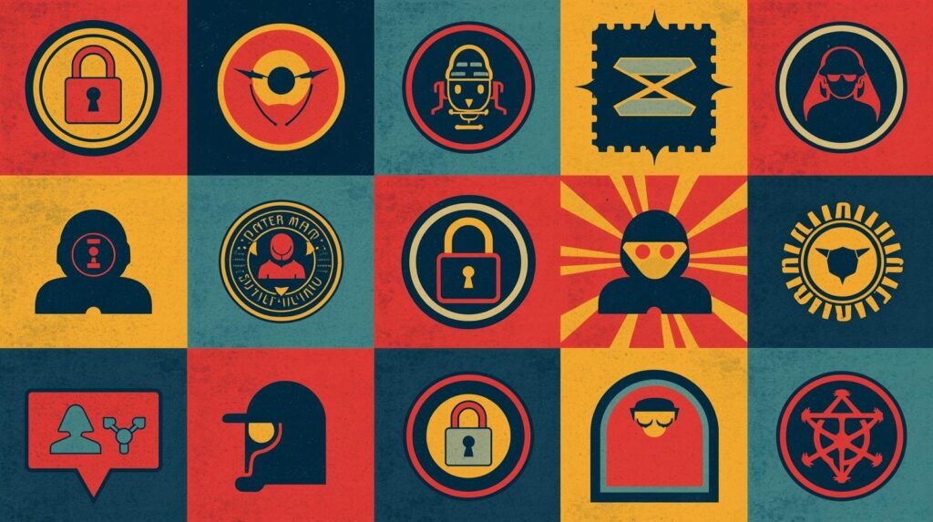 Futuristic icons grid: technology, security, anonymity, and communication symbols on colorful backgrounds.