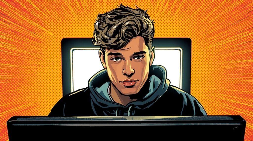 How I Thought My Lab Was Secure — Until I Actually Tested It 🧪 5 Young man focused on computer, comic-style background, tech engagement, hoodie, vibrant colors.