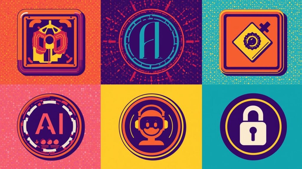 Grid of colorful tech icons: security, AI, networks, settings, communication, privacy.
