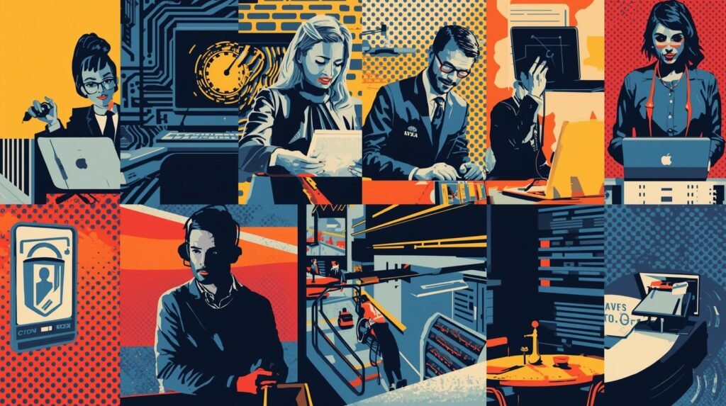 Pop-art collage depicting dynamic tech-driven office life with digital devices and futuristic themes.