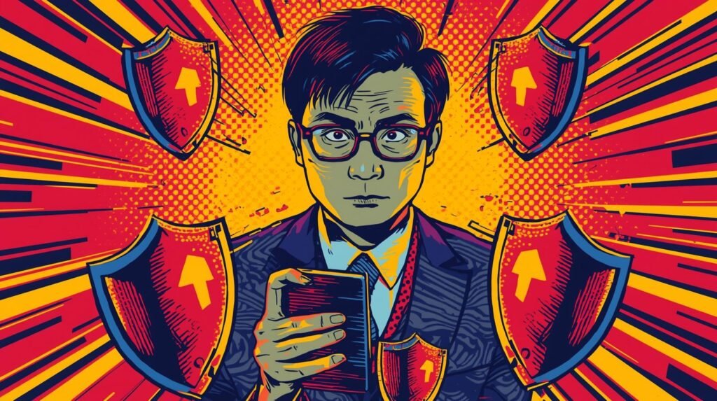 Pop-art illustration of a professional man with smartphone, security shields, and dynamic background.