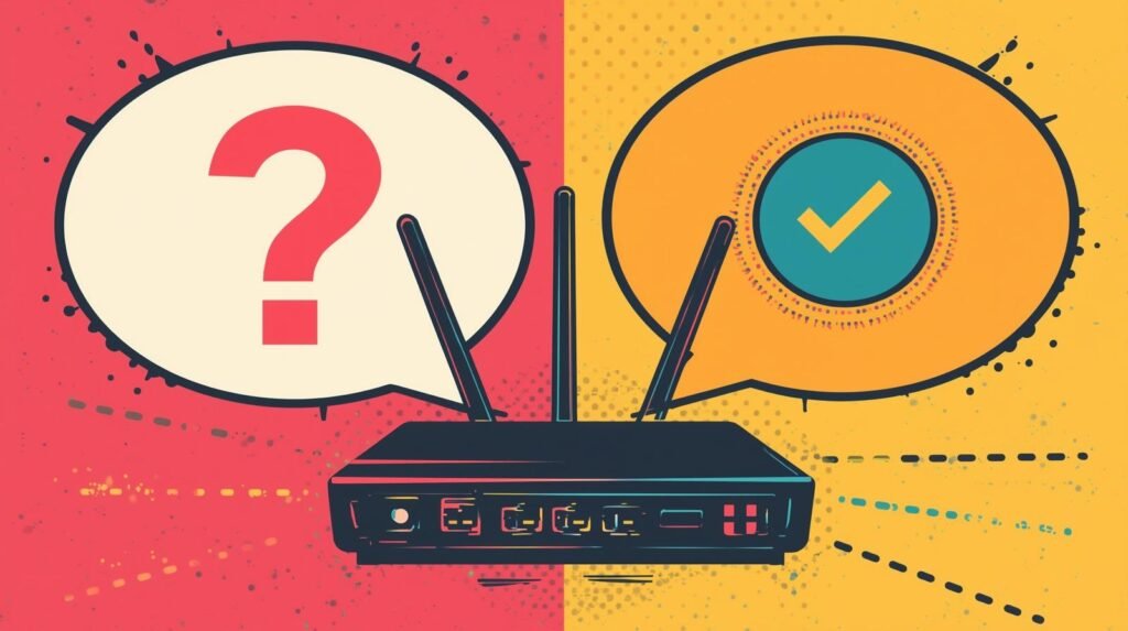 Wireless router illustration showing connectivity issues and solutions, symbolized by question and check marks.