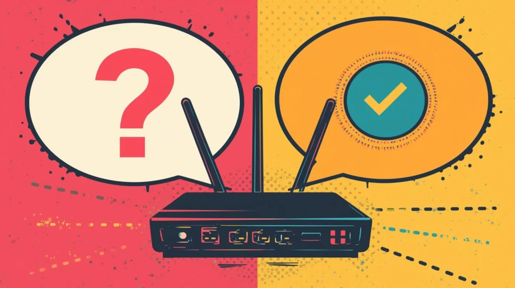 Wireless router illustration showing connectivity issues and solutions, symbolized by question and check marks.