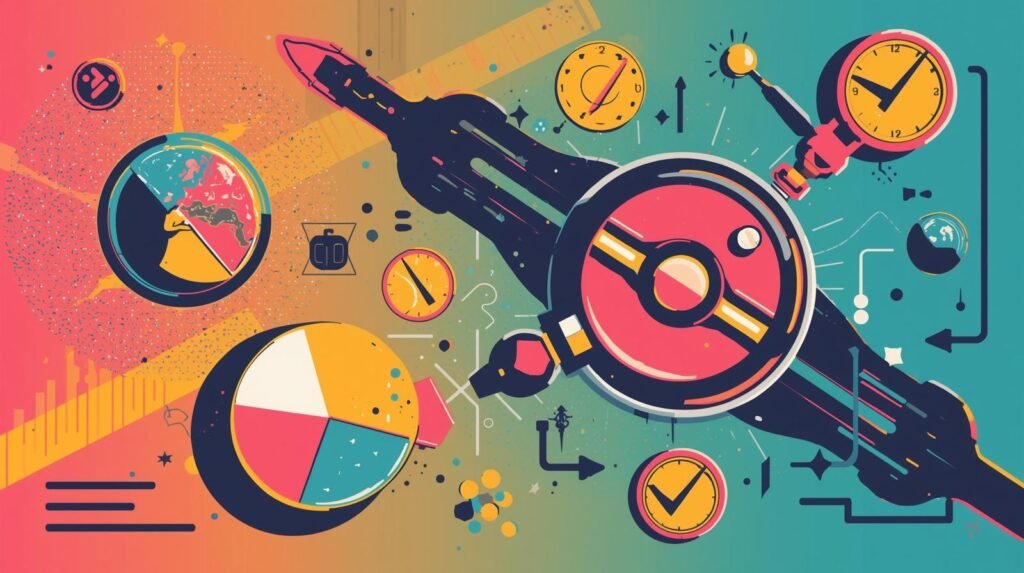 Futuristic abstract art with spacecraft, charts, and clocks representing space exploration and data visualization.