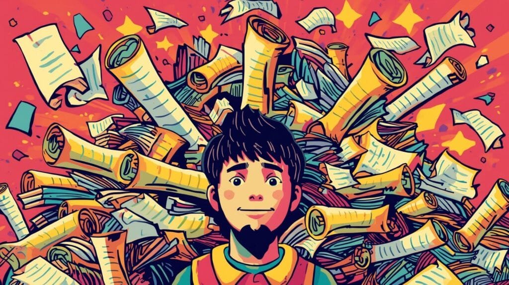 My Beginner Note-Taking System for Hacking Labs 🧠 6 Whimsical illustration of calm person amidst colorful flying papers and magical background.