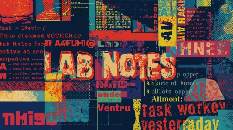 Colorful collage with LAB NOTES in bold, featuring abstract text and geometric patterns.