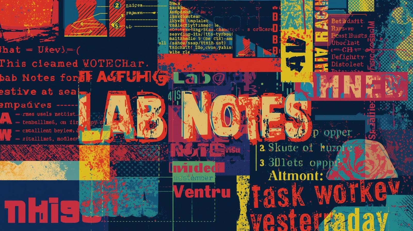 My Beginner Note-Taking System for Hacking Labs 🧠 1 Colorful collage with LAB NOTES in bold, featuring abstract text and geometric patterns.