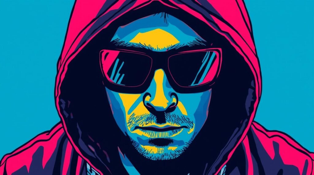 Pop art illustration of person in pink hoodie and sunglasses with vibrant colors.