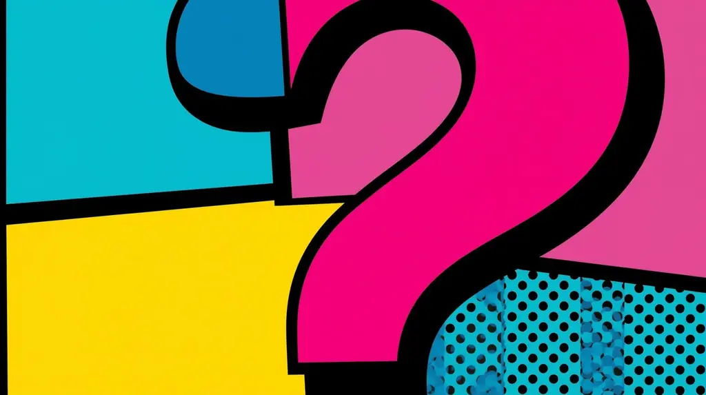 Pop art image featuring a large pink question mark with vibrant colors and geometric patterns.