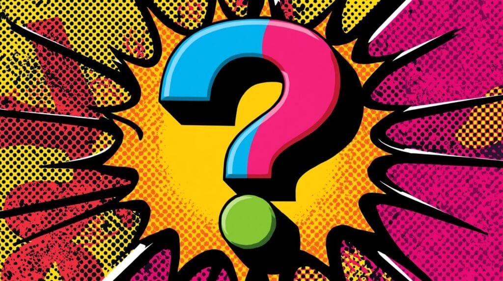 Colorful pop art question mark with a bright, comic-style explosion background.