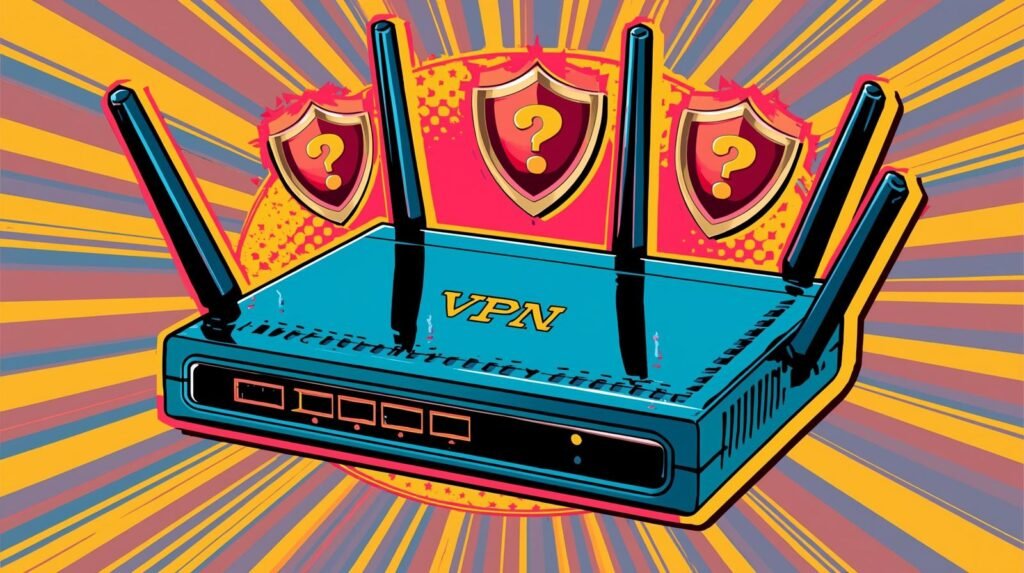 DNS Leaks on VPN Routers Explained🧠 4 VPN router comic art with shields, connectivity, and security themes.
