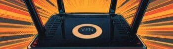 Comic-style wireless router with VPN text, vibrant colors, emphasizing security and connectivity.