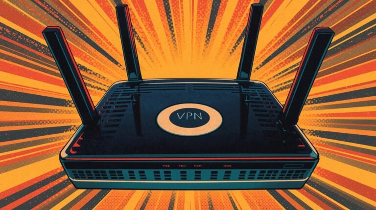 Comic-style wireless router with VPN text, vibrant colors, emphasizing security and connectivity.