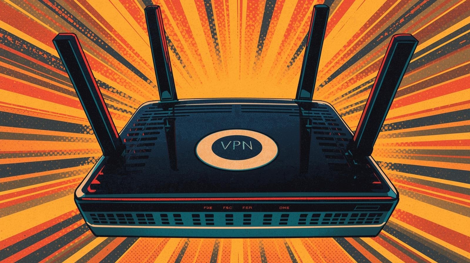 DNS Leaks on VPN Routers Explained🧠 1 Comic-style wireless router with VPN text, vibrant colors, emphasizing security and connectivity.