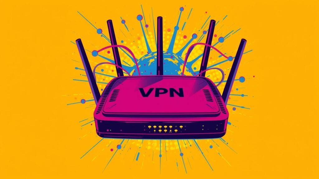 NordVPN Router Setup: 7 Easy Bulletproof Steps for Security 🛡️👻 3 Stylized pink-purple router with VPN, signaling connectivity and security on a yellow background.