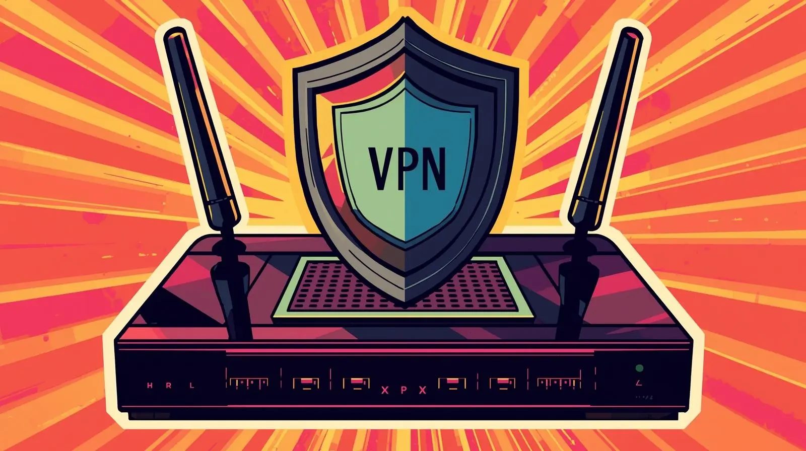 Wi-Fi router with VPN shield, vibrant colors signify digital security and connectivity.