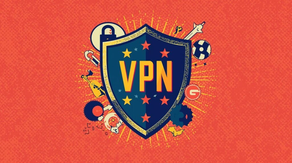 VPN shield illustration with security icons, highlighting NordVPNs privacy and antivirus features.